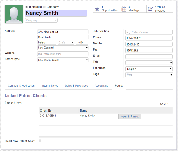 Odoo customers are kept in sync. with linked Patriot client[s]