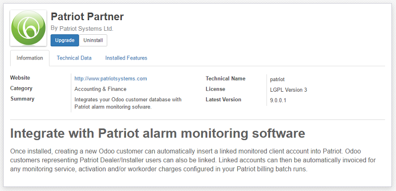 Patriot has an add-on Odoo module which must be installed