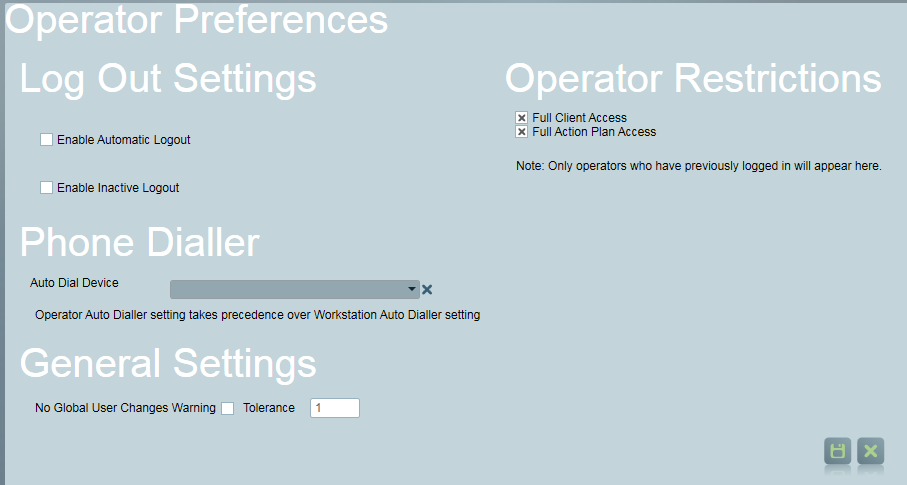Operator Preferences screen