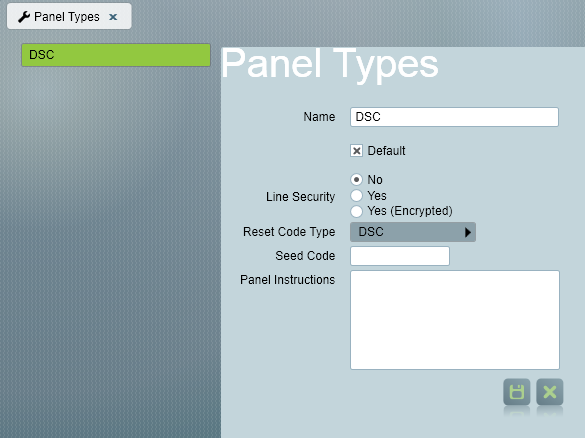 Panel Type Maintenance screen