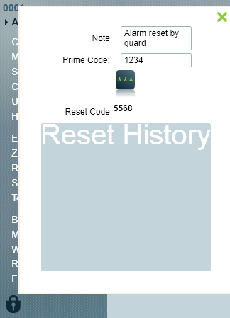 Reset Codes screen