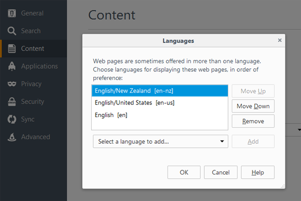 Firefox language settings